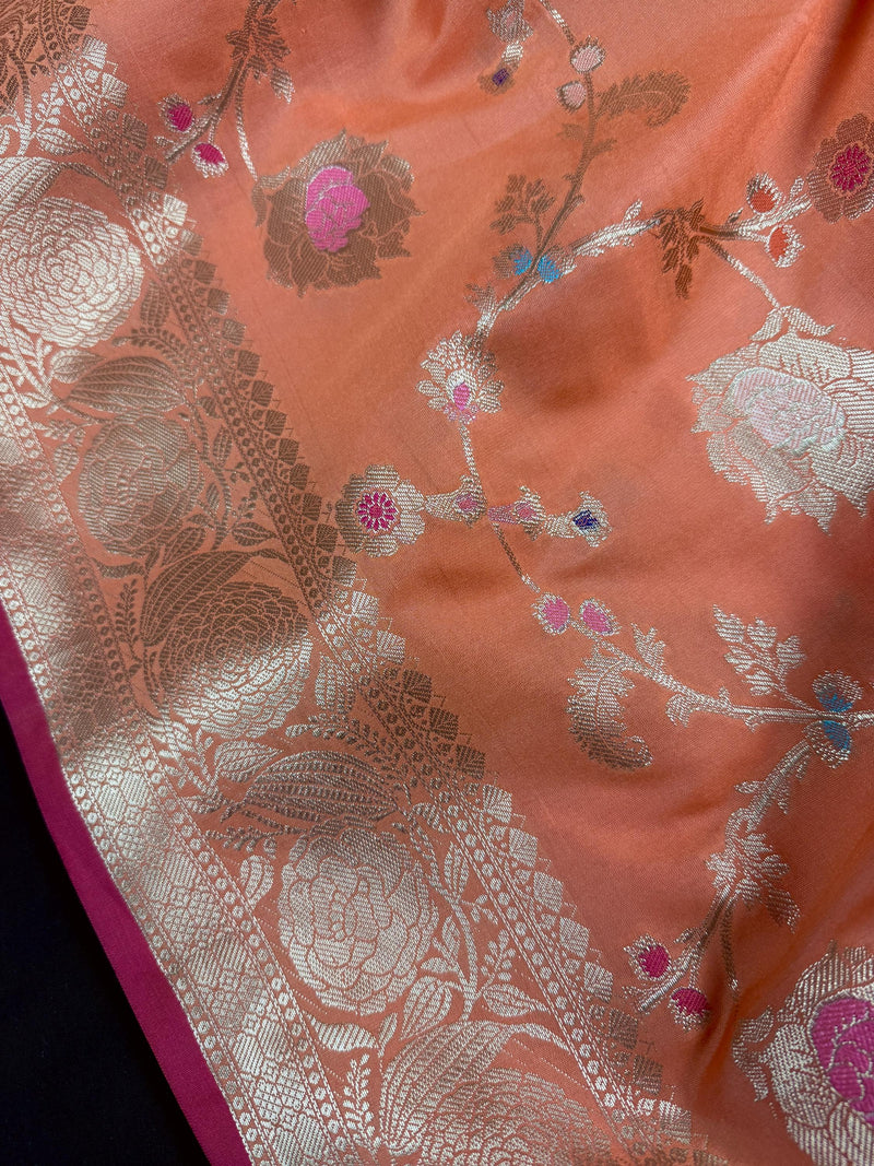 Statement Handmade Pastel Peach Banarasi Semi Katan Silk Saree with Meenakari and Muted Gold Zari Weave