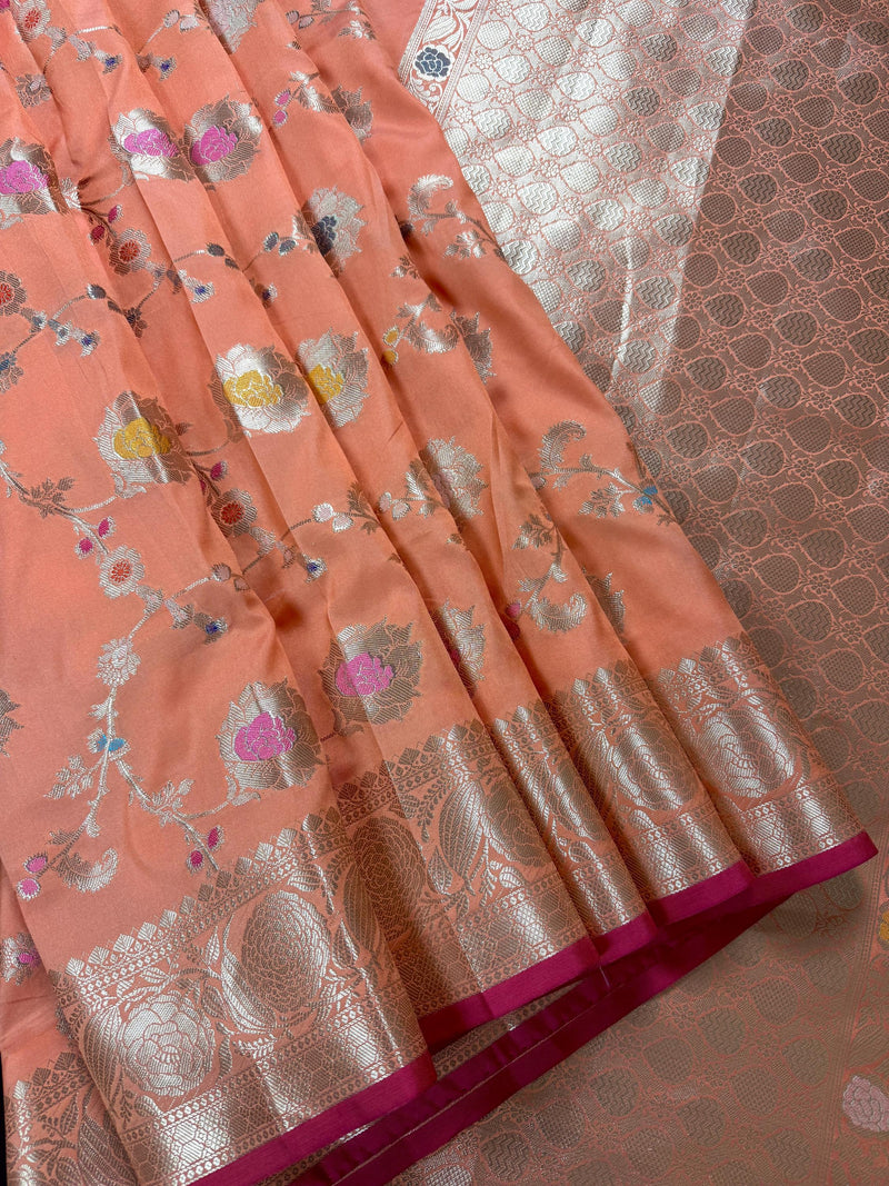 Statement Handmade Pastel Peach Banarasi Semi Katan Silk Saree with Meenakari and Muted Gold Zari Weave