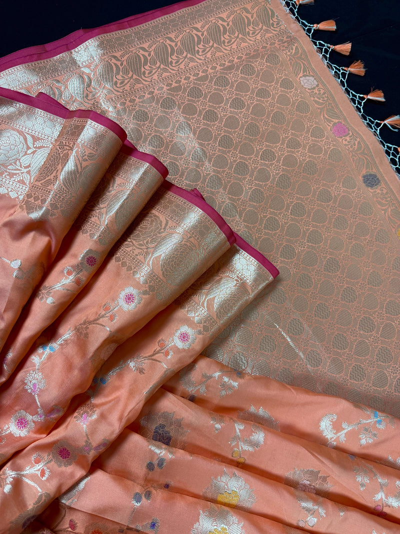 Statement Handmade Pastel Peach Banarasi Semi Katan Silk Saree with Meenakari and Muted Gold Zari Weave