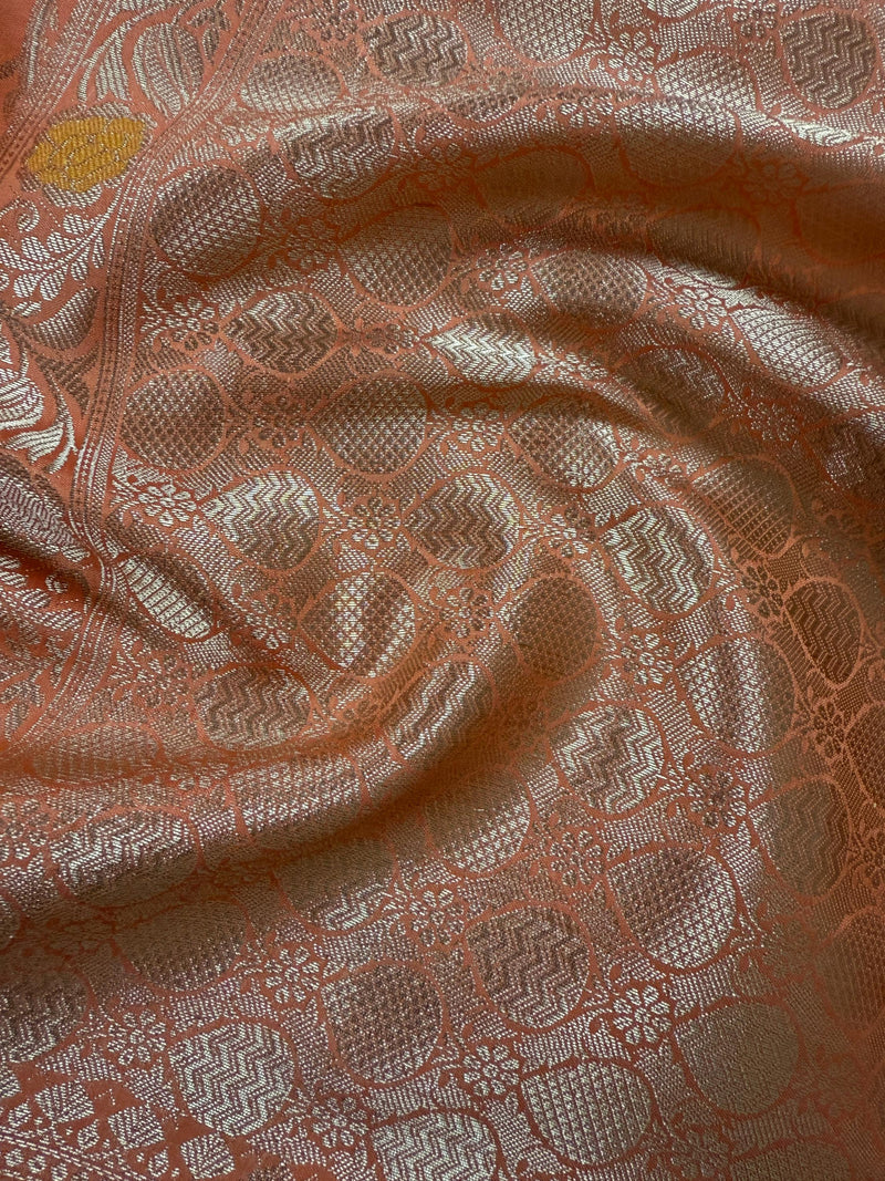 Statement Handmade Pastel Peach Banarasi Semi Katan Silk Saree with Meenakari and Muted Gold Zari Weave
