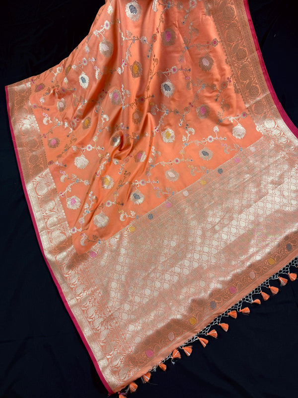Statement Handmade Pastel Peach Banarasi Semi Katan Silk Saree with Meenakari and Muted Gold Zari Weave