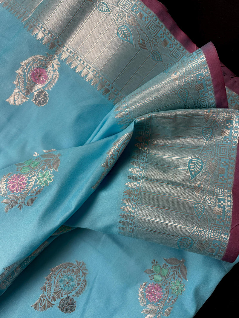 Statement Handmade Sky Blue Color Banarasi Semi Katan Silk Saree with Meenakari and Muted Gold Zari Weave with Floral Buttas