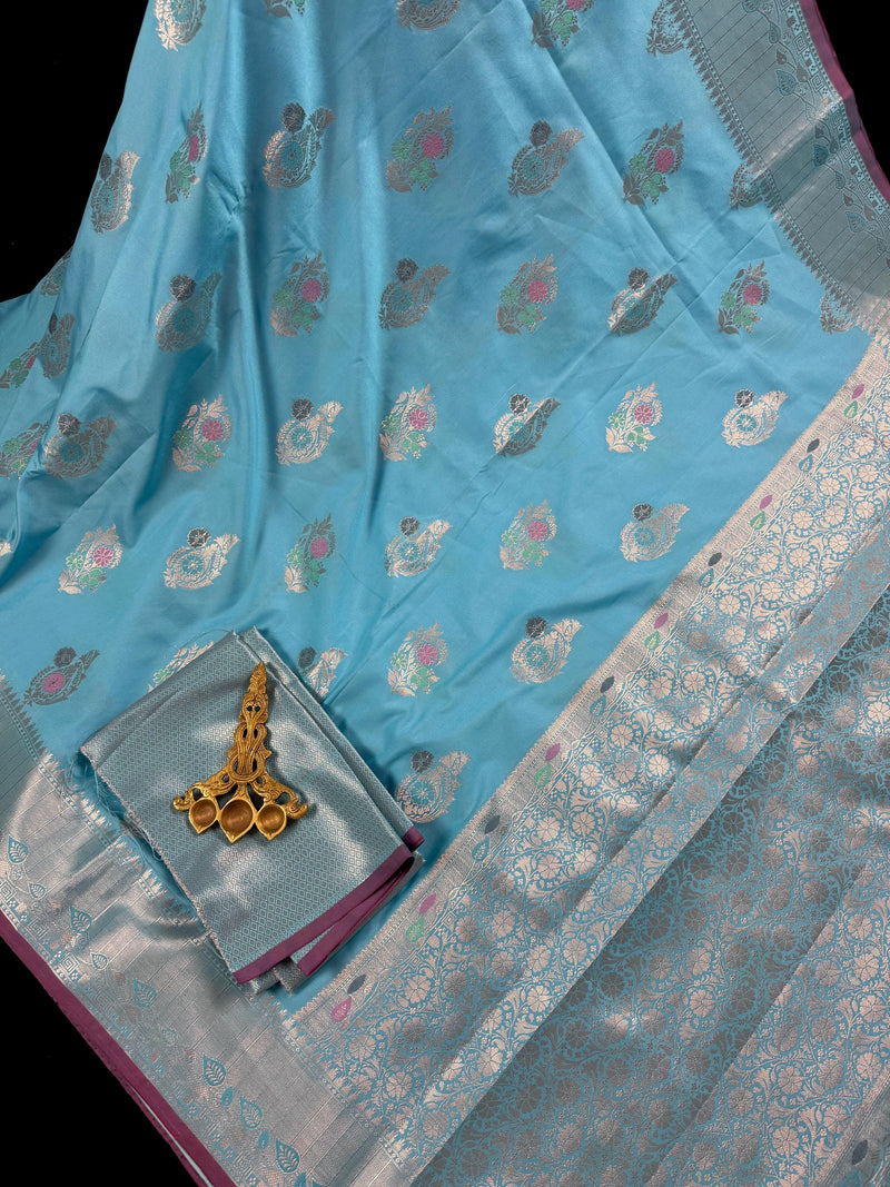 Statement Handmade Sky Blue Color Banarasi Semi Katan Silk Saree with Meenakari and Muted Gold Zari Weave with Floral Buttas
