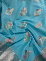 Statement Handmade Sky Blue Color Banarasi Semi Katan Silk Saree with Meenakari and Muted Gold Zari Weave with Floral Buttas