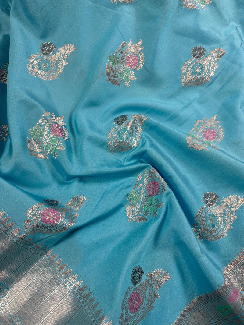Statement Handmade Sky Blue Color Banarasi Semi Katan Silk Saree with Meenakari and Muted Gold Zari Weave with Floral Buttas
