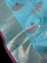 Statement Handmade Sky Blue Color Banarasi Semi Katan Silk Saree with Meenakari and Muted Gold Zari Weave with Floral Buttas