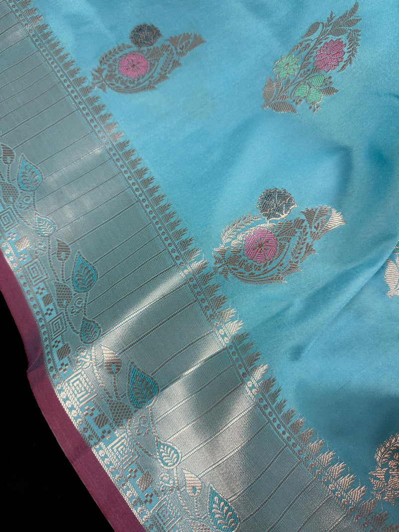 Statement Handmade Sky Blue Color Banarasi Semi Katan Silk Saree with Meenakari and Muted Gold Zari Weave with Floral Buttas