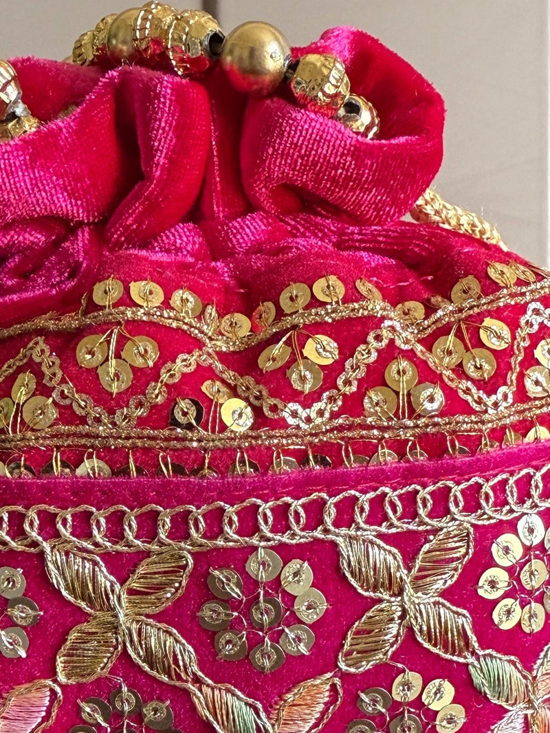 Hot Pink Color Long Potli Bag for Party and Wedding | Handmade Indian Handbag with Sequin and Zari |  Embellished Potli Bag for Wedding Gift
