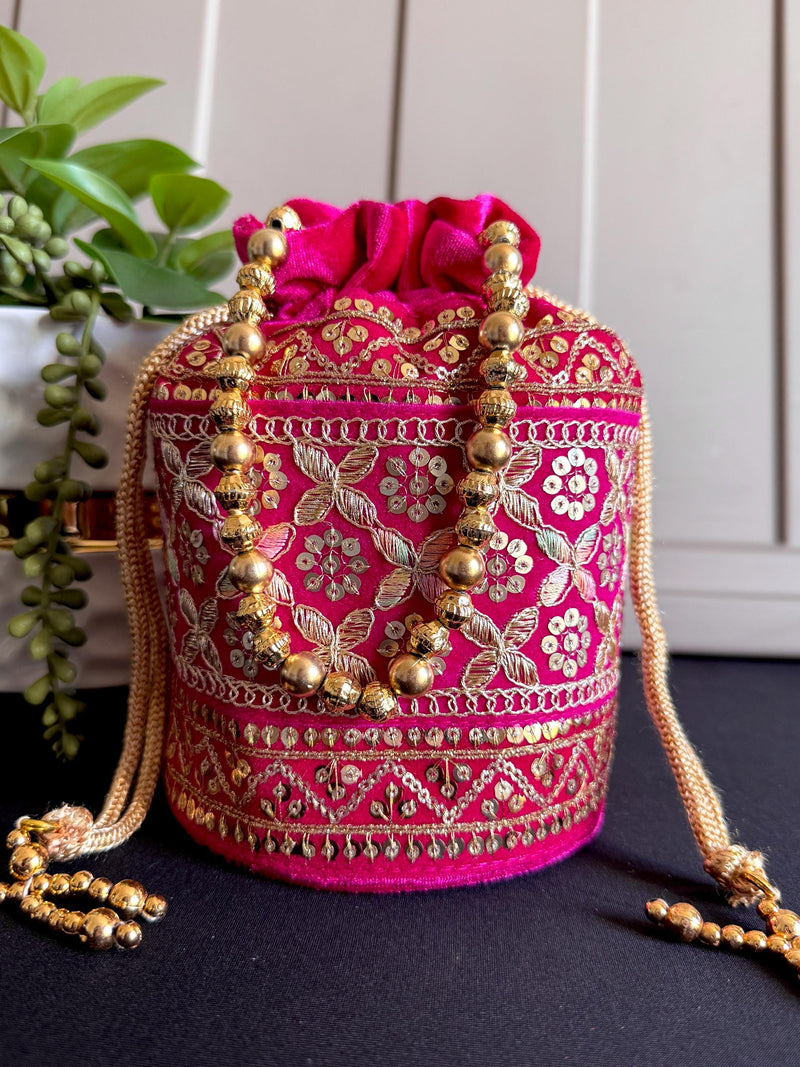 Hot Pink Color Long Potli Bag for Party and Wedding | Handmade Indian Handbag with Sequin and Zari |  Embellished Potli Bag for Wedding Gift