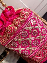 Hot Pink Color Long Potli Bag for Party and Wedding | Handmade Indian Handbag with Sequin and Zari |  Embellished Potli Bag for Wedding Gift