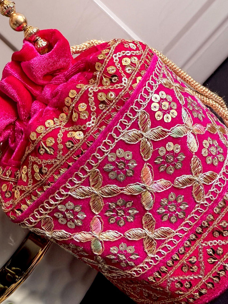 Hot Pink Color Long Potli Bag for Party and Wedding | Handmade Indian Handbag with Sequin and Zari |  Embellished Potli Bag for Wedding Gift