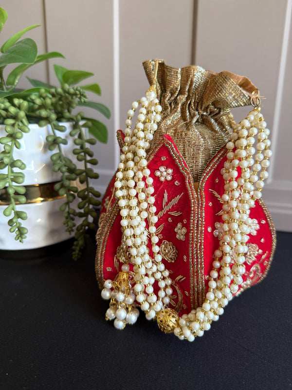 Red Color Velvet Wedding Potli Bag | Handmade Embellished Pearl and Zardosi | Desi Indian Pakistani Wedding Purse | Evening Party Purse