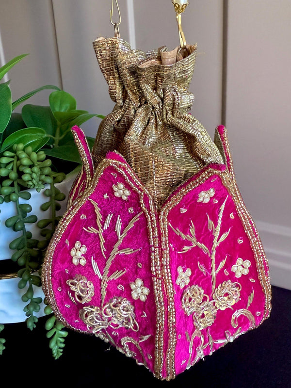 Hot Pink Color Velvet Wedding Potli Bag | Handmade Embellished Pearl and Zardosi | Desi Indian Pakistani Wedding Purse | Evening Party Purse