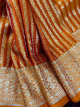 Rust Brunt Orange Dual Tone Semi Mashru Silk with Tanchoi Weave in Gold and Sliver Zari | Banarasi Silk Saree | Soft Silk Sarees
