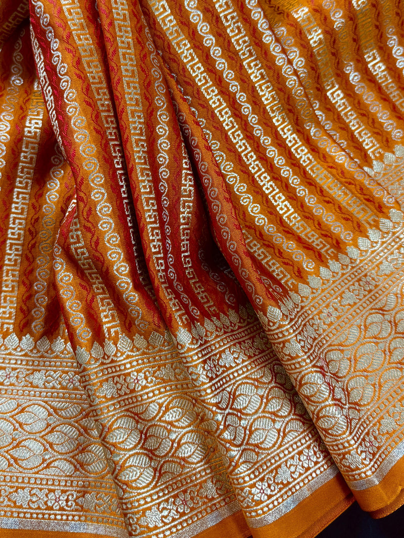 Rust Brunt Orange Dual Tone Semi Mashru Silk with Tanchoi Weave in Gold and Sliver Zari | Banarasi Silk Saree | Soft Silk Sarees
