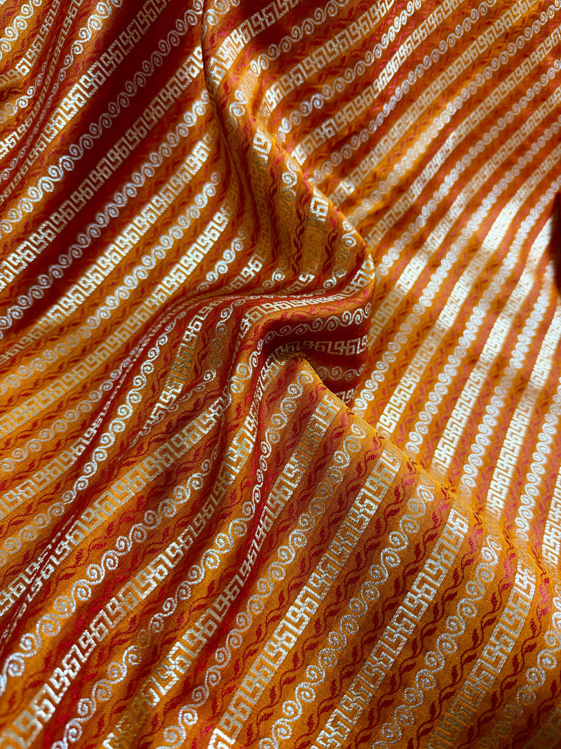 Rust Brunt Orange Dual Tone Semi Mashru Silk with Tanchoi Weave in Gold and Sliver Zari | Banarasi Silk Saree | Soft Silk Sarees