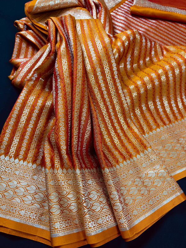 Rust Brunt Orange Dual Tone Semi Mashru Silk with Tanchoi Weave in Gold and Sliver Zari | Banarasi Silk Saree | Soft Silk Sarees
