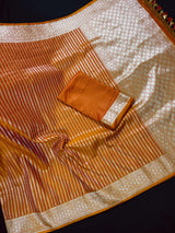 Rust Brunt Orange Dual Tone Semi Mashru Silk with Tanchoi Weave in Gold and Sliver Zari | Banarasi Silk Saree | Soft Silk Sarees