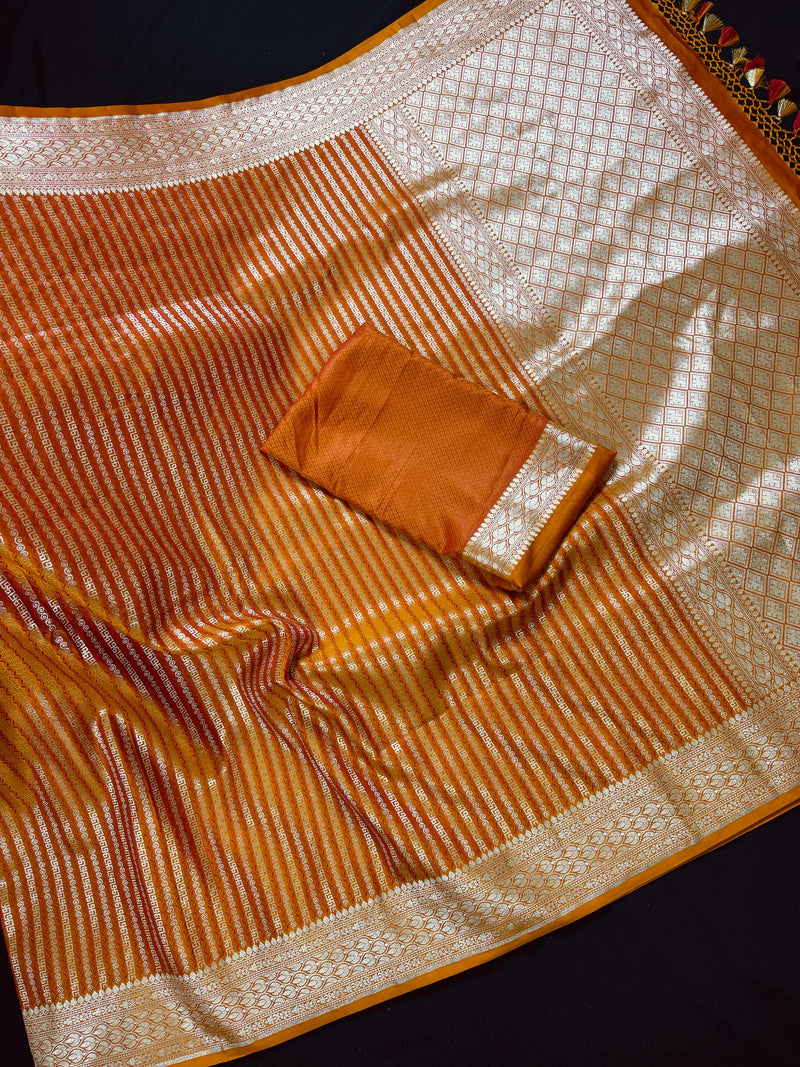 Rust Brunt Orange Dual Tone Semi Mashru Silk with Tanchoi Weave in Gold and Sliver Zari | Banarasi Silk Saree | Soft Silk Sarees