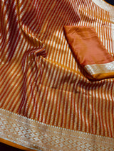 Rust Brunt Orange Dual Tone Semi Mashru Silk with Tanchoi Weave in Gold and Sliver Zari | Banarasi Silk Saree | Soft Silk Sarees