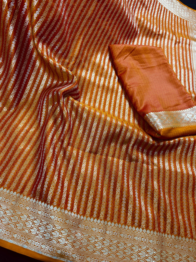 Rust Brunt Orange Dual Tone Semi Mashru Silk with Tanchoi Weave in Gold and Sliver Zari | Banarasi Silk Saree | Soft Silk Sarees