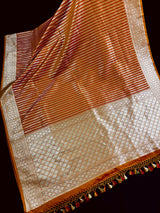 Rust Brunt Orange Dual Tone Semi Mashru Silk with Tanchoi Weave in Gold and Sliver Zari | Banarasi Silk Saree | Soft Silk Sarees