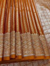Rust Brunt Orange Dual Tone Semi Mashru Silk with Tanchoi Weave in Gold and Sliver Zari | Banarasi Silk Saree | Soft Silk Sarees
