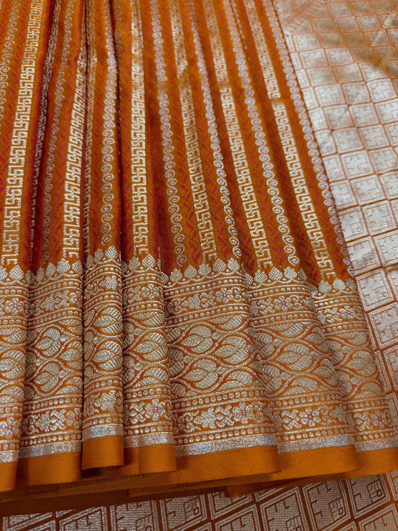 Rust Brunt Orange Dual Tone Semi Mashru Silk with Tanchoi Weave in Gold and Sliver Zari | Banarasi Silk Saree | Soft Silk Sarees