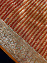 Rust Brunt Orange Dual Tone Semi Mashru Silk with Tanchoi Weave in Gold and Sliver Zari | Banarasi Silk Saree | Soft Silk Sarees