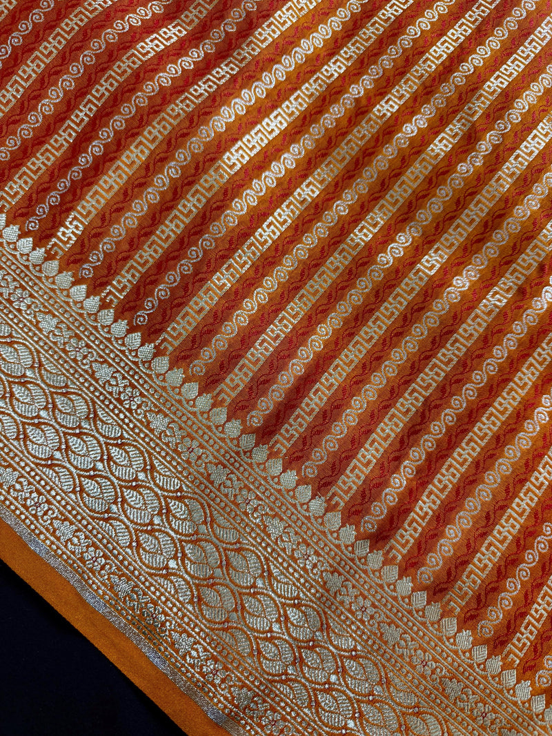 Rust Brunt Orange Dual Tone Semi Mashru Silk with Tanchoi Weave in Gold and Sliver Zari | Banarasi Silk Saree | Soft Silk Sarees