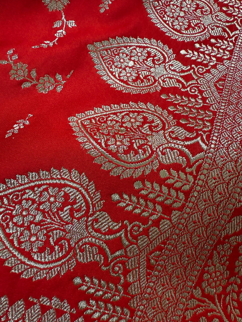 Red Color Soft Mashru Silk handloom Saree with Muted Gold Zari Weave with Banarasi Border and Pallu | Banarasi Mashru Silk Saree