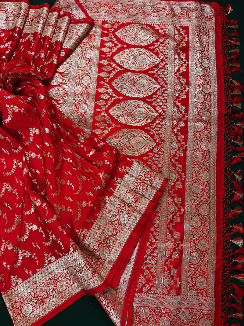 Red Color Soft Mashru Silk handloom Saree with Muted Gold Zari Weave with Banarasi Border and Pallu | Banarasi Mashru Silk Saree