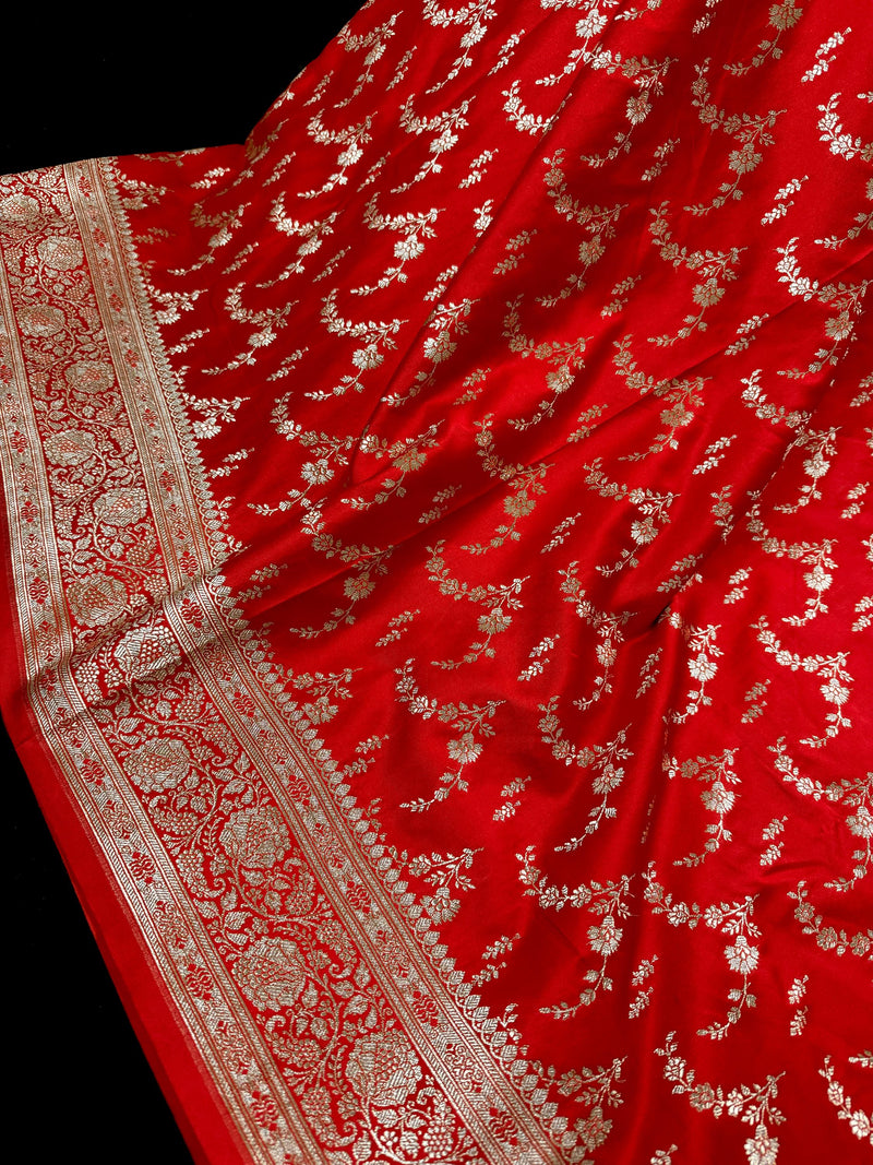 Red Color Soft Mashru Silk handloom Saree with Muted Gold Zari Weave with Banarasi Border and Pallu | Banarasi Mashru Silk Saree