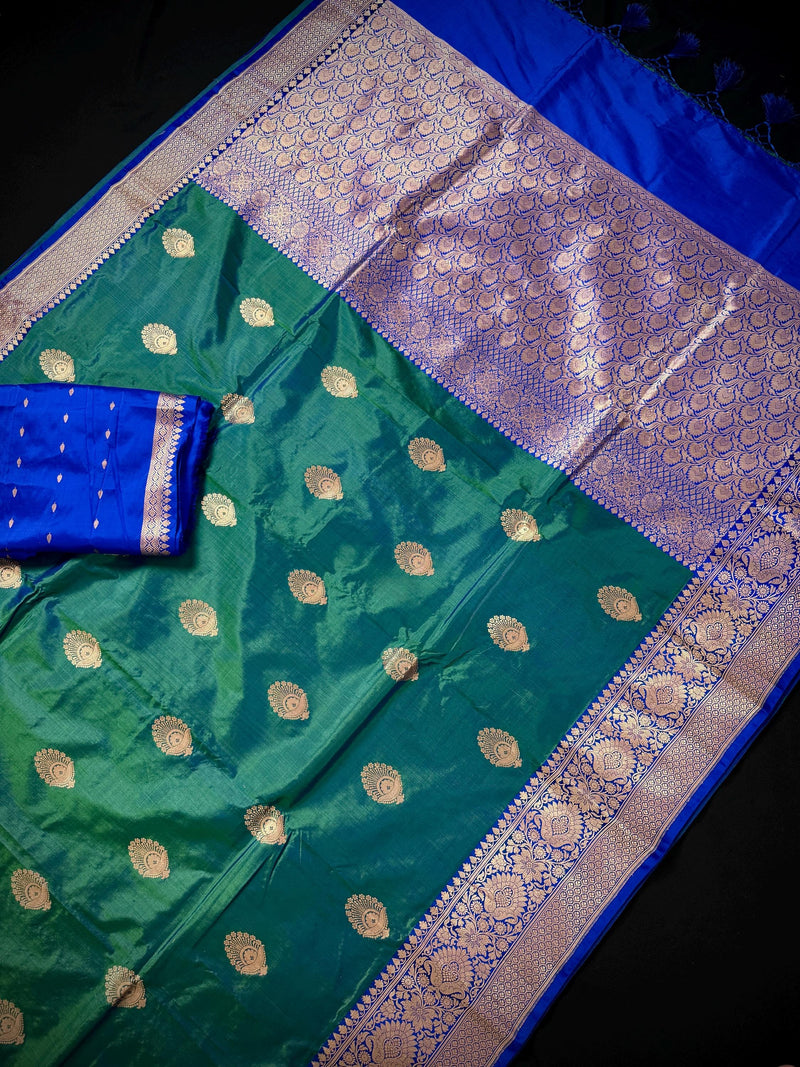 Peacock Green Color Pure Banarasi Katan Silk Saree | Banarasi Silk Saree | Handwoven Sarees | SILK Mark Certified Saree