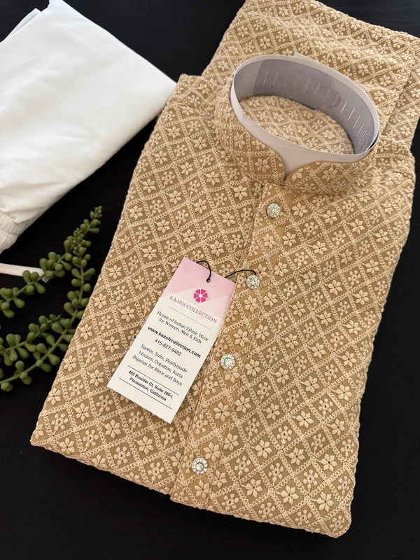 Beige Color Chikankari Lucknowi Georgette Men Kurta Pajama Set with Lining | Chikhenkari Kurtas | Mens Ethnic Wear | Kaash Kurtas