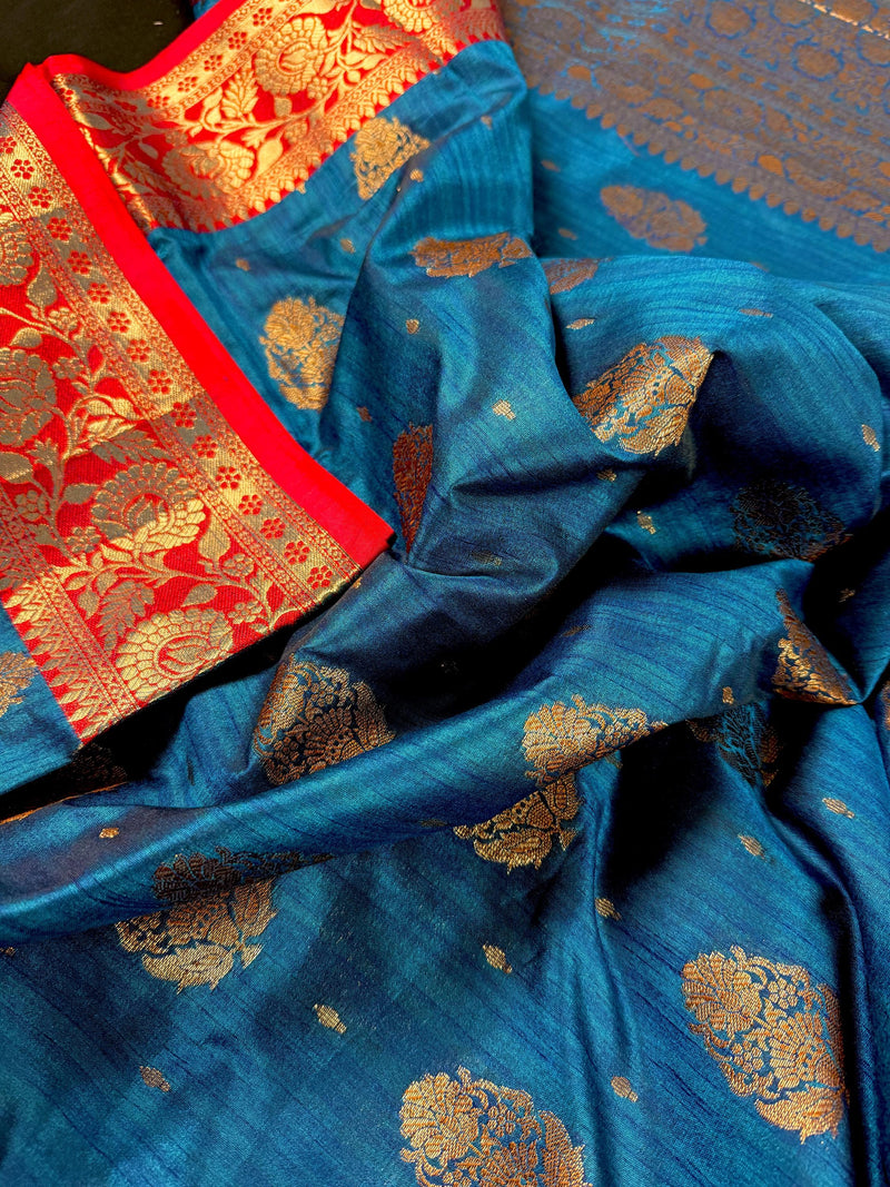 Teal Blue with Green Combination Semi-Tussar Silk Saree With Antique Zari Weaving Work | Tussar Silk Saree | Silk Sarees