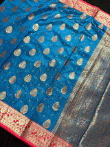Teal Blue with Green Combination Semi-Tussar Silk Saree With Antique Zari Weaving Work | Tussar Silk Saree | Silk Sarees