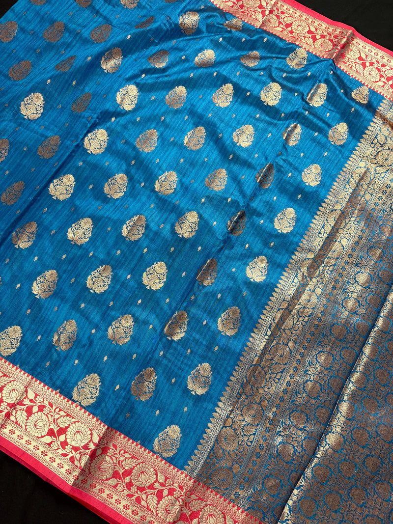 Teal Blue with Green Combination Semi-Tussar Silk Saree With Antique Zari Weaving Work | Tussar Silk Saree | Silk Sarees