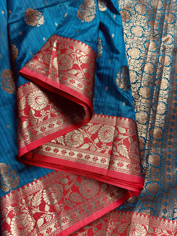 Teal Blue with Green Combination Semi-Tussar Silk Saree With Antique Zari Weaving Work | Tussar Silk Saree | Silk Sarees