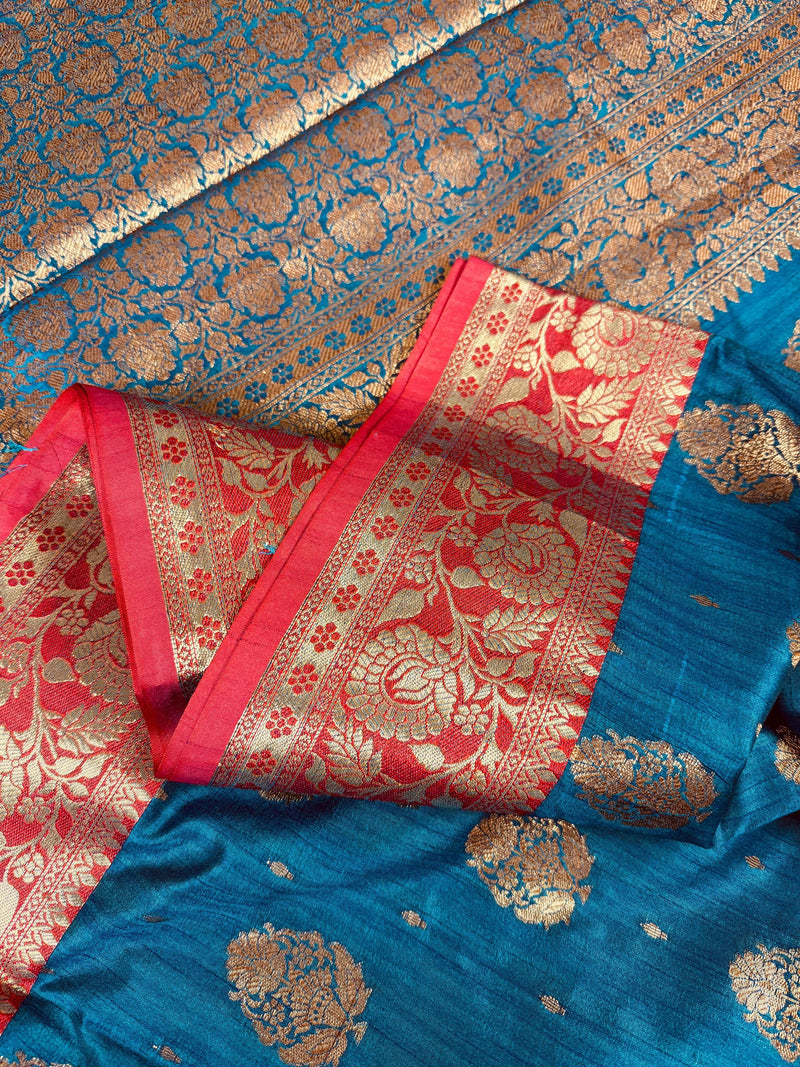 Teal Blue with Green Combination Semi-Tussar Silk Saree With Antique Zari Weaving Work | Tussar Silk Saree | Silk Sarees