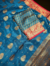 Teal Blue with Green Combination Semi-Tussar Silk Saree With Antique Zari Weaving Work | Tussar Silk Saree | Silk Sarees
