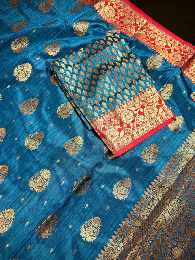 Teal Blue with Green Combination Semi-Tussar Silk Saree With Antique Zari Weaving Work | Tussar Silk Saree | Silk Sarees