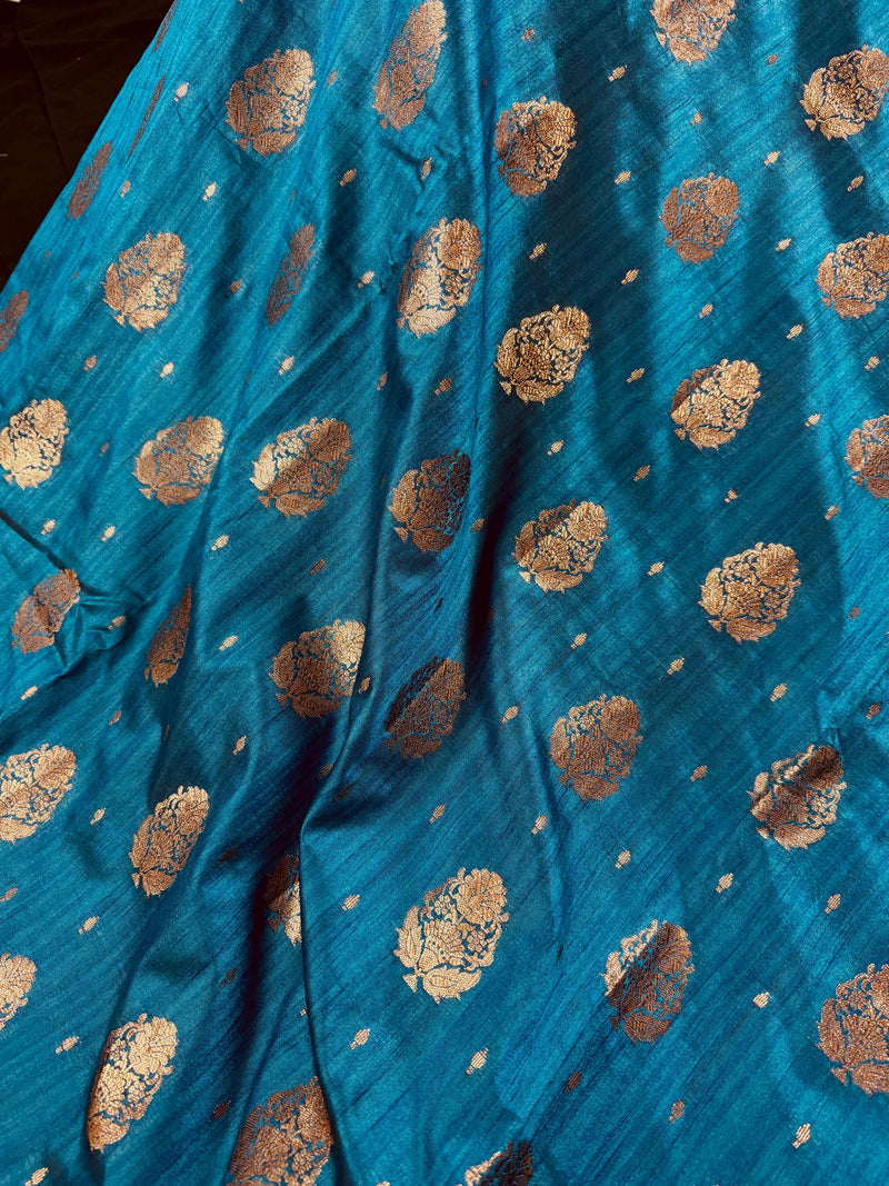 Teal Blue with Green Combination Semi-Tussar Silk Saree With Antique Zari Weaving Work | Tussar Silk Saree | Silk Sarees