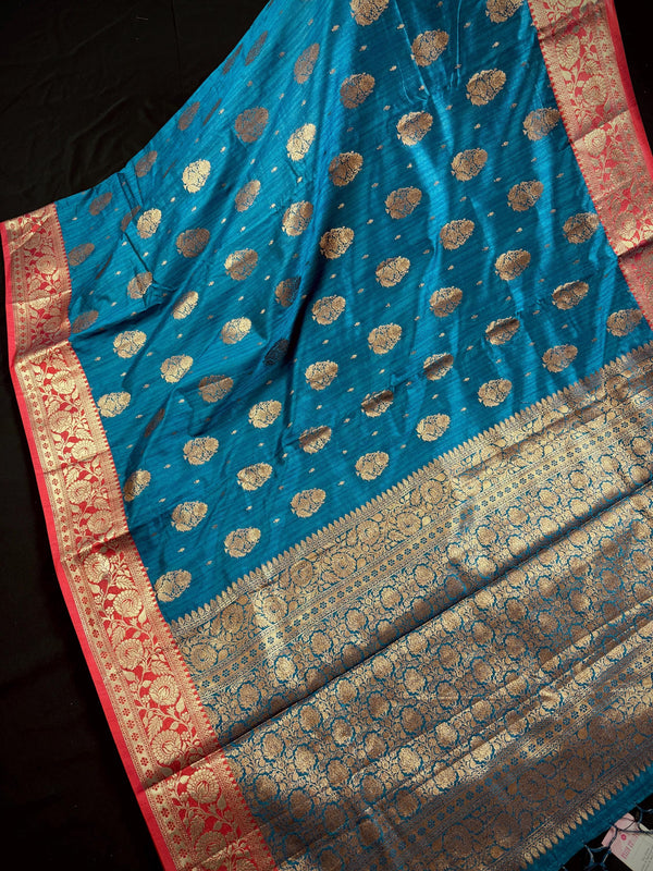 Teal Blue with Green Combination Semi-Tussar Silk Saree With Antique Zari Weaving Work | Tussar Silk Saree | Silk Sarees