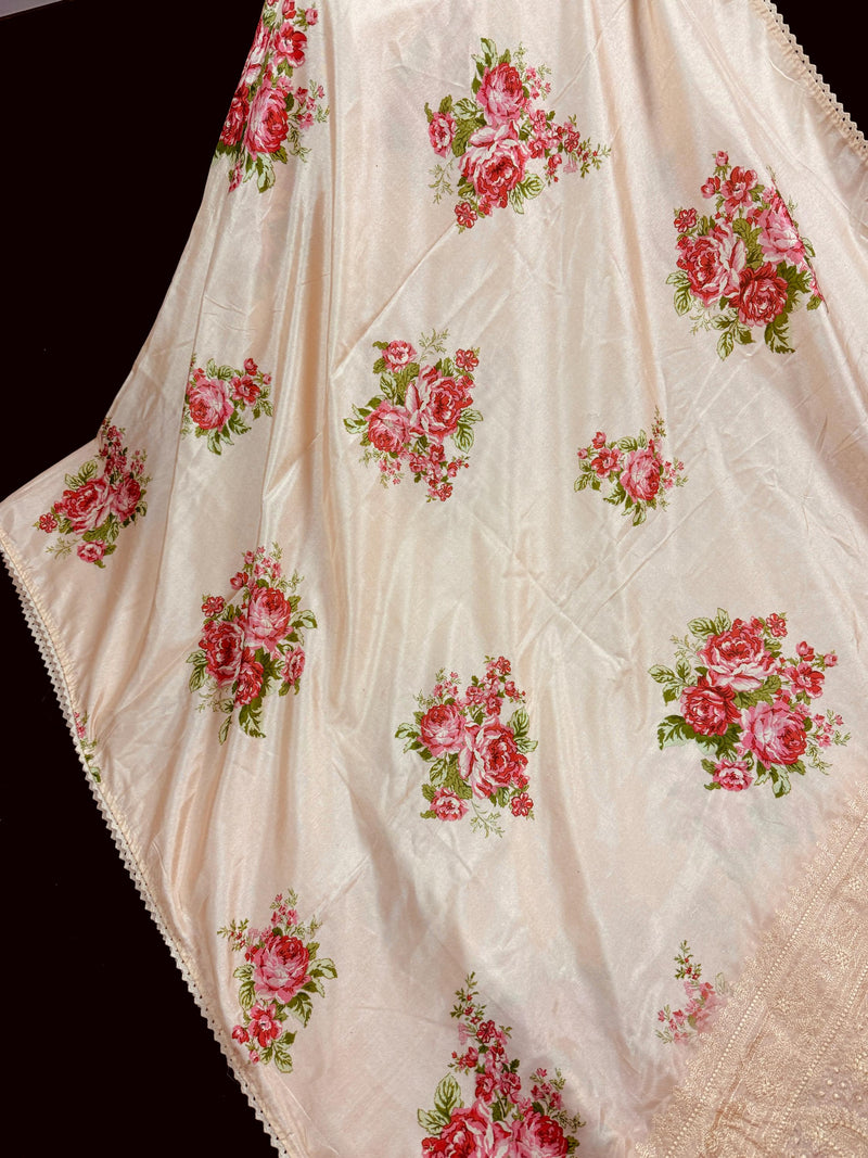 Pastel Light Peach Color Floral Print Saree with Lucknowi Embroidery and Crochet Lace Work | Satin Silk Saree | Floral Saree | Summer Saree