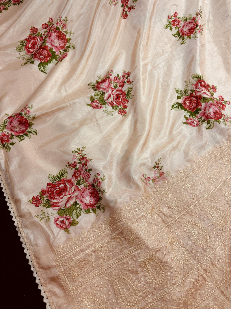 Pastel Light Peach Color Floral Print Saree with Lucknowi Embroidery and Crochet Lace Work | Satin Silk Saree | Floral Saree | Summer Saree