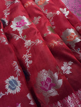Statement Handmade Deep Red Color Banarasi Semi Katan Silk Saree with Meenakari and Muted Gold Zari Weave with Floral Jaal