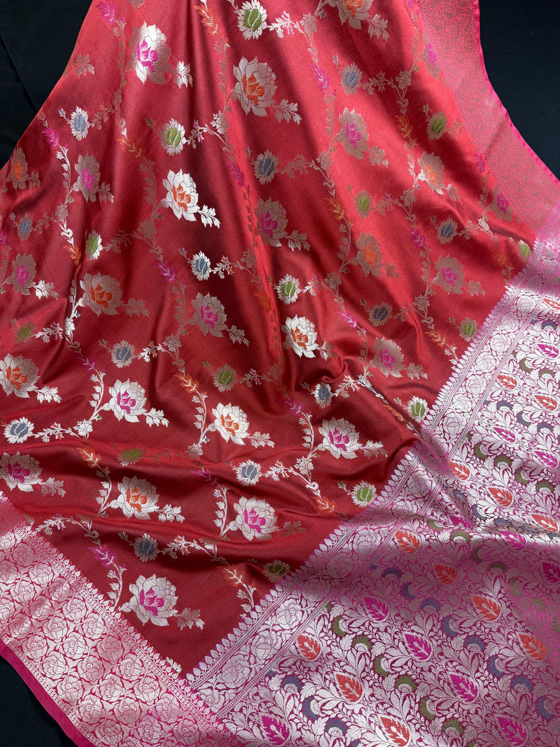 Statement Handmade Deep Red Color Banarasi Semi Katan Silk Saree with Meenakari and Muted Gold Zari Weave with Floral Jaal
