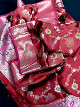 Statement Handmade Deep Red Color Banarasi Semi Katan Silk Saree with Meenakari and Muted Gold Zari Weave with Floral Jaal