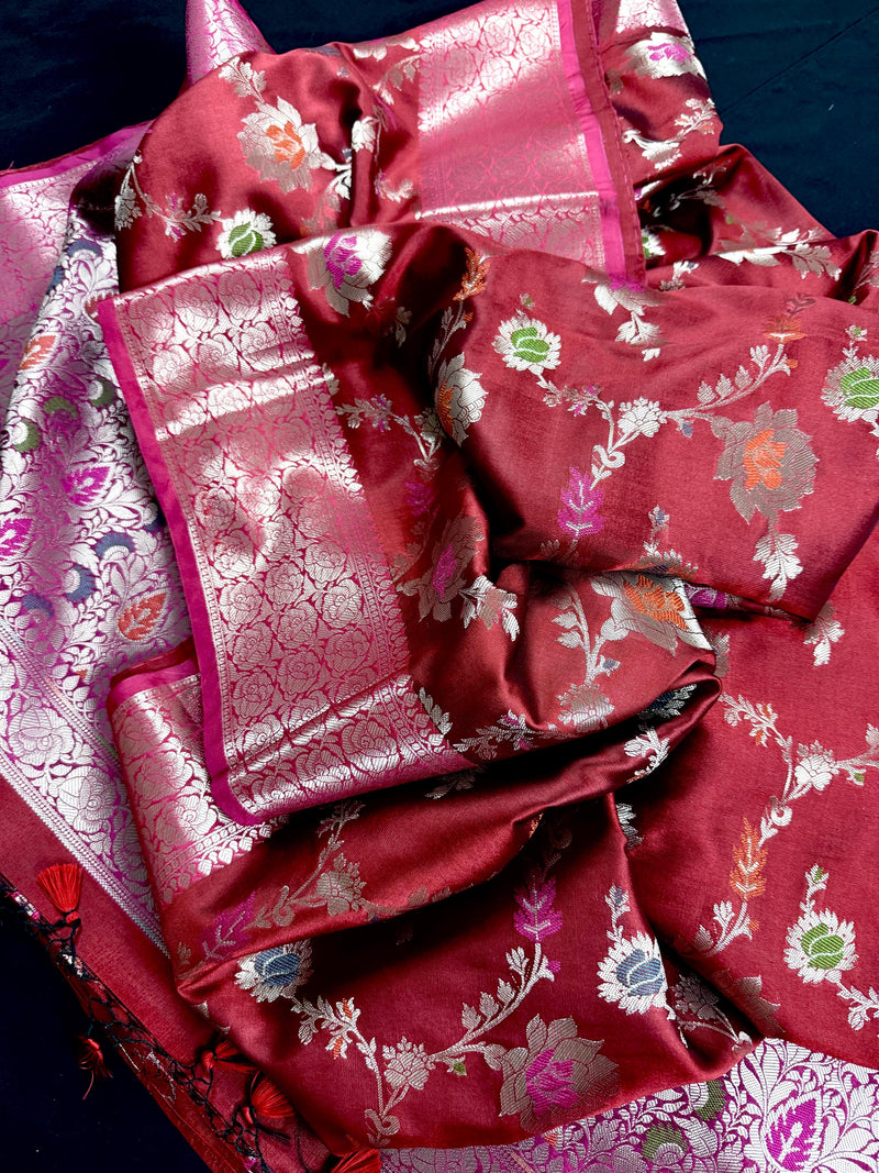 Statement Handmade Deep Red Color Banarasi Semi Katan Silk Saree with Meenakari and Muted Gold Zari Weave with Floral Jaal
